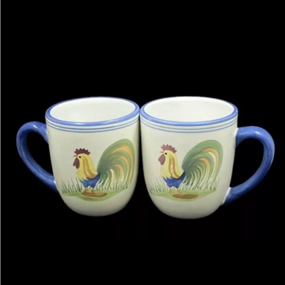 Nantucket Home Coffee Mugs Chickens Roosters Blue Handles Country Farmhouse Nice